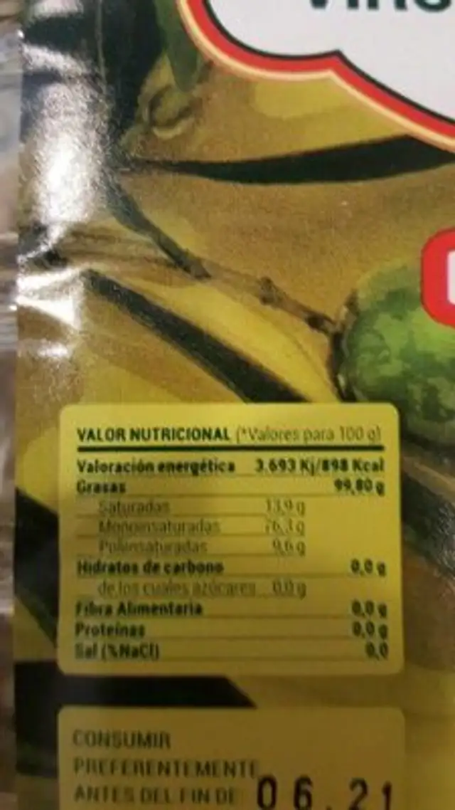 Aceite de Oliva Vírgen Extra nutrition facts table