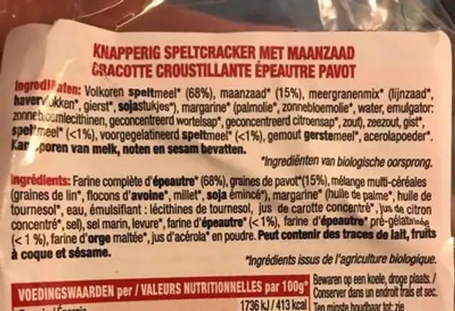 Pan Crujiente Espelta Y Semillas de Amapola ingredients label