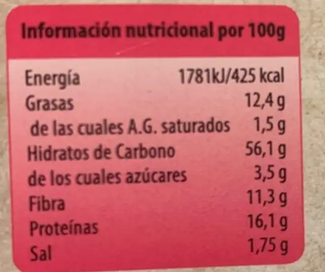 Pan Crujiente Espelta Y Semillas de Amapola nutrition facts table
