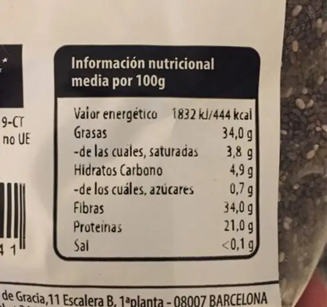 Semillas de Chia nutrition facts table