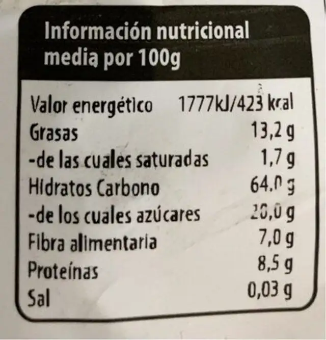 Muesli Crujiente nutrition facts table