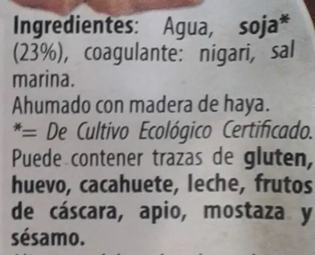 Tofu ahumado ingredients label