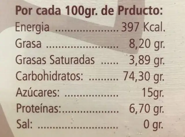 INDALOTES nutrition facts table