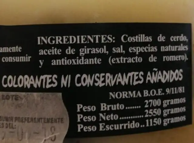 Costillas de cerdo nutrition facts table
