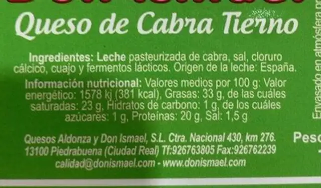 Queso cabra tierno nutrition facts table