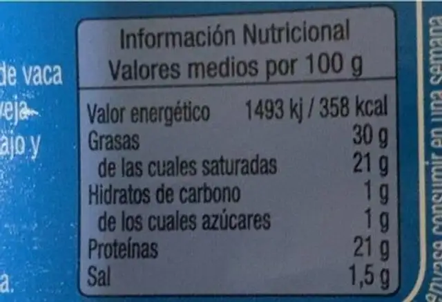 Queso tierno nutrition facts table