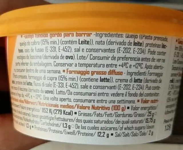 Crema de Queso de Cabra nutrition facts table
