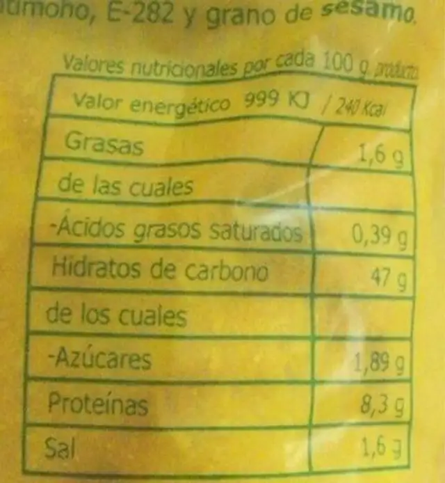 Molletes de Marchena nutrition facts table