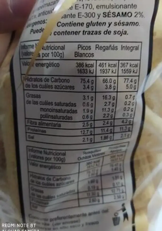 PICOS Y ROSQUILLAS nutrition facts table