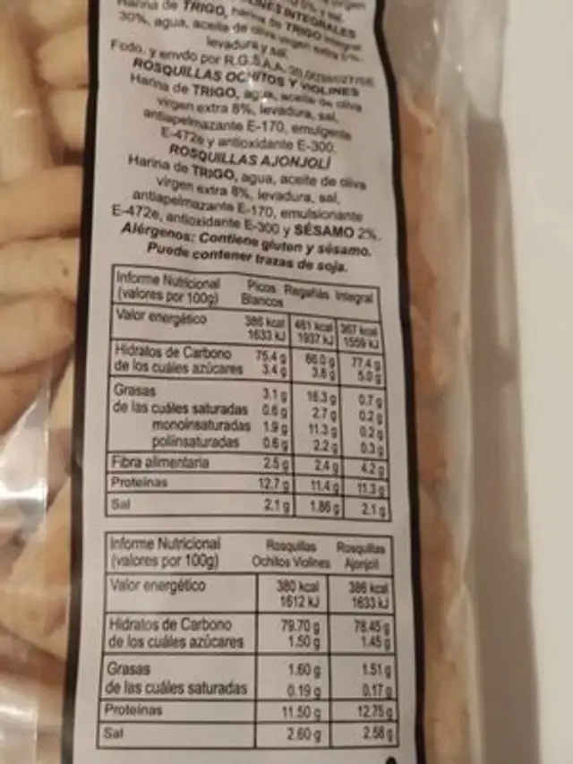 Picos artesanos nutrition facts table