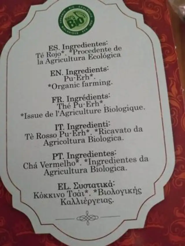 Té rojo pu-erh ingredients label