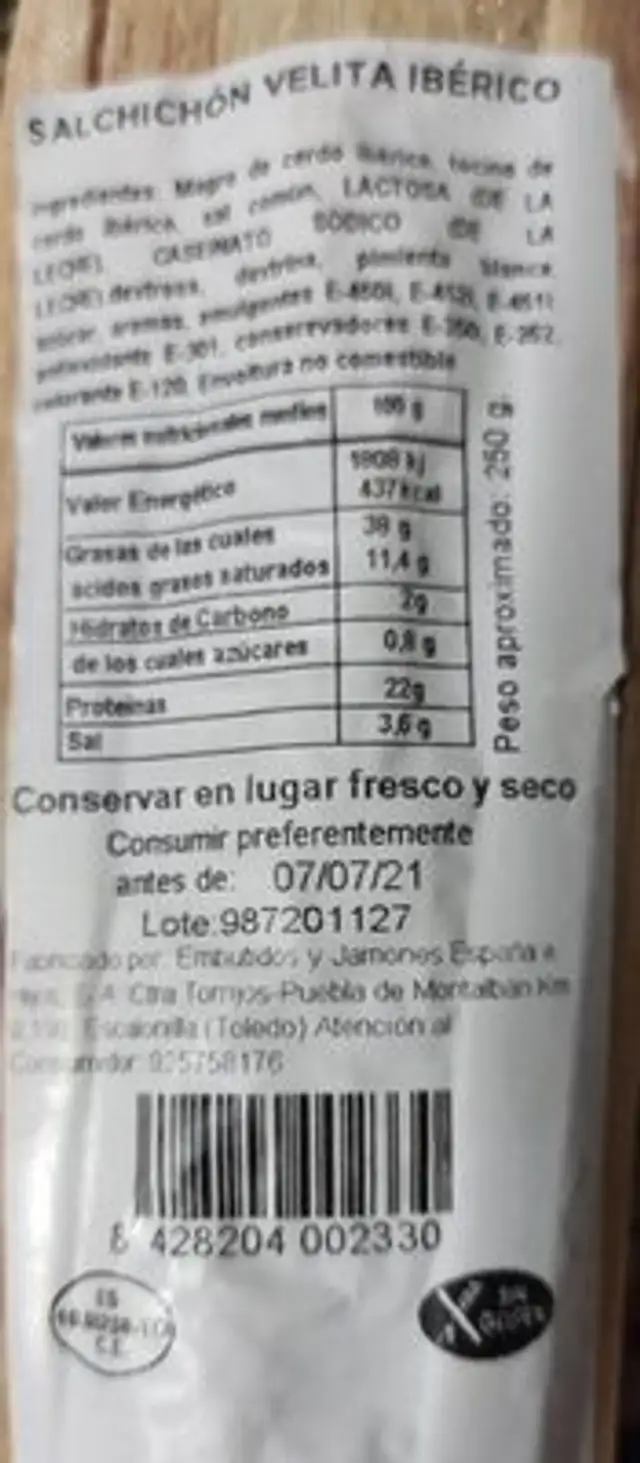 Salchichón ibérico extra nutrition facts table