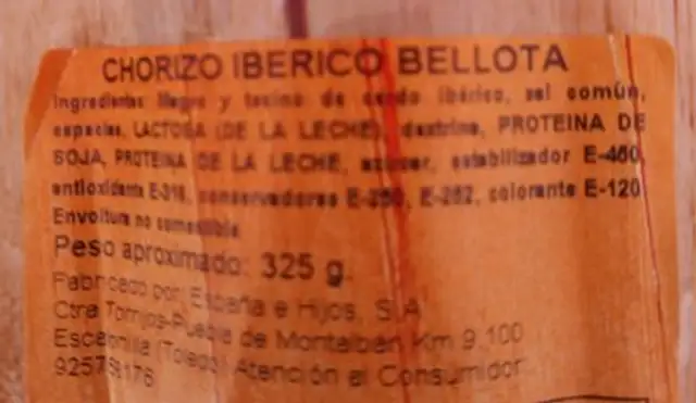 Chorizo iberico bellota ingredients label