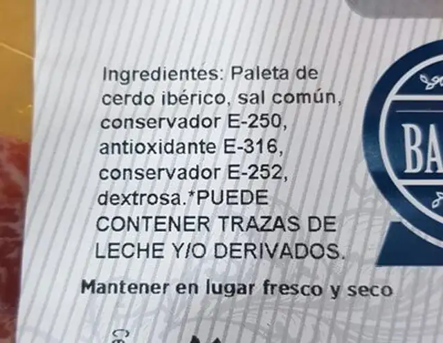 PALETA DE CEBO IBERICA 50% nutrition facts table