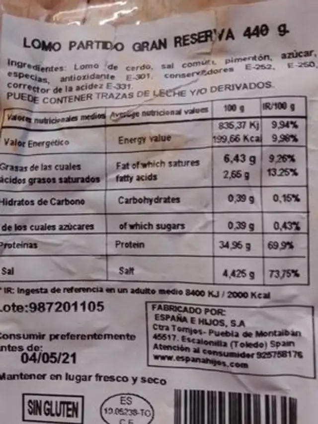 Lomo partido gran reserva nutrition facts table