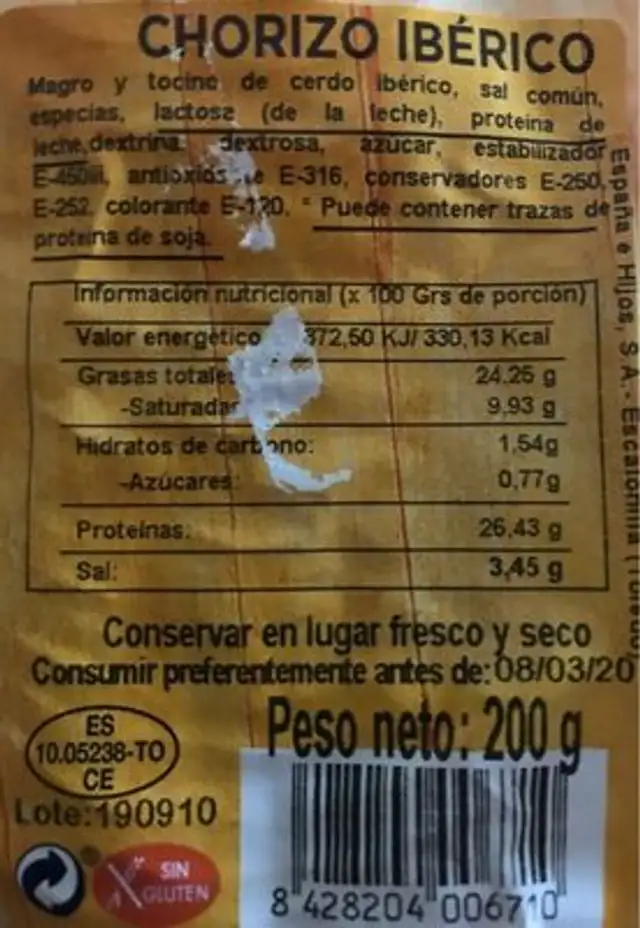 Chorizo iberico extra nutrition facts table