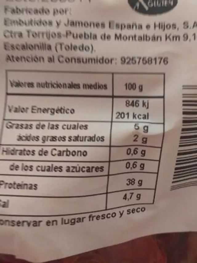 Lomo embuchado nutrition facts table