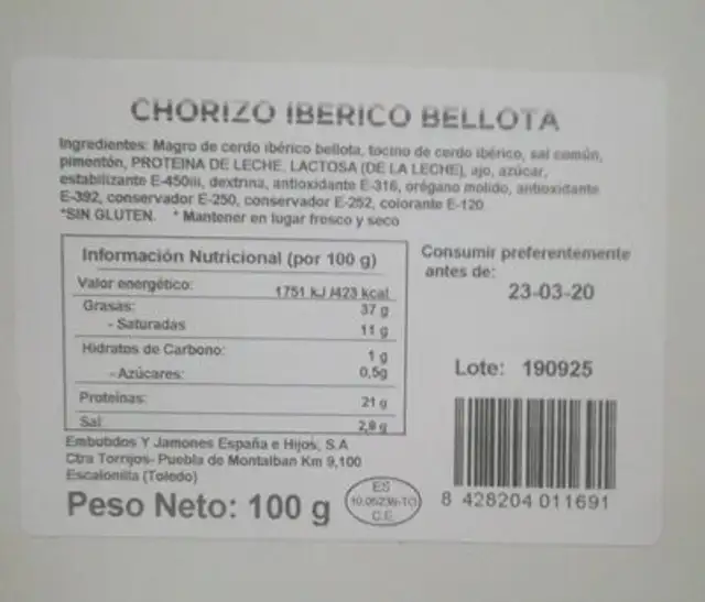 Chorizo ibérico bellota nutrition facts table