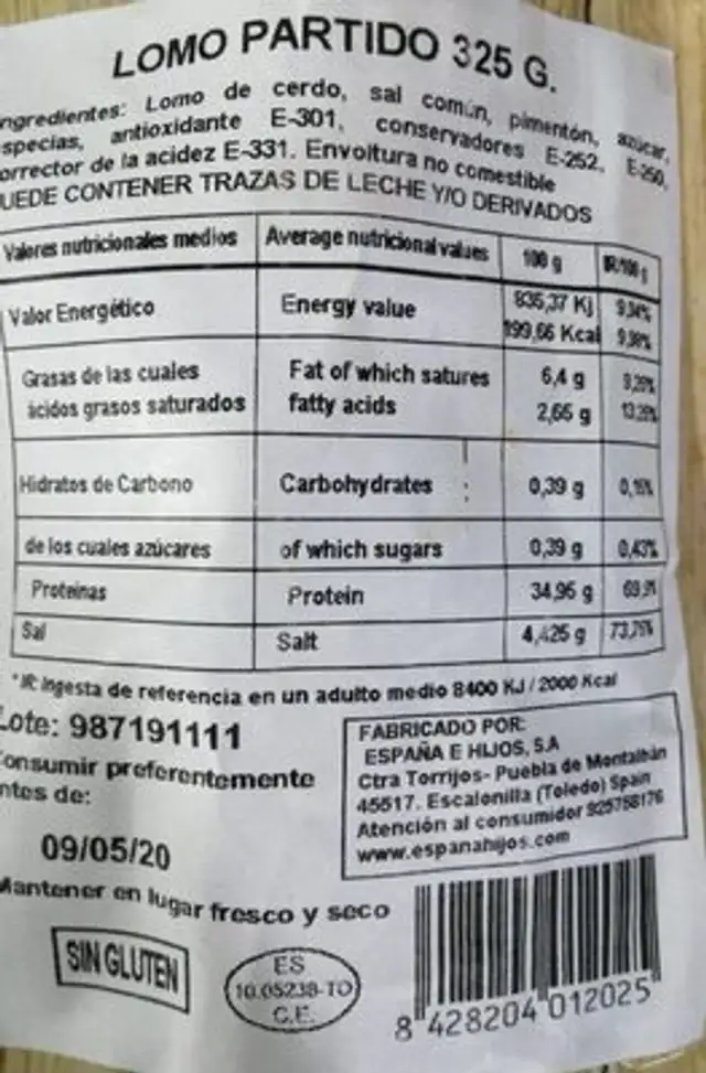Lomo embuchado nutrition facts table