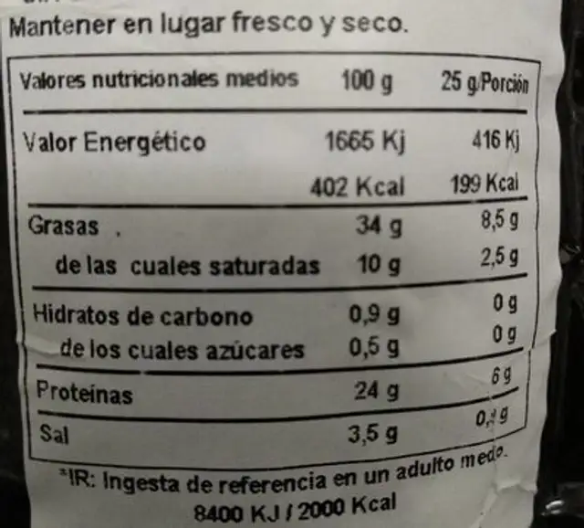 Chorizo Ibérico Extra nutrition facts table