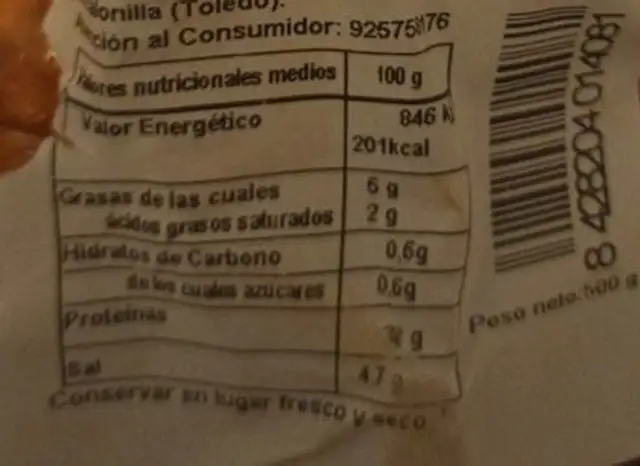 Delicias de lomo nutrition facts table