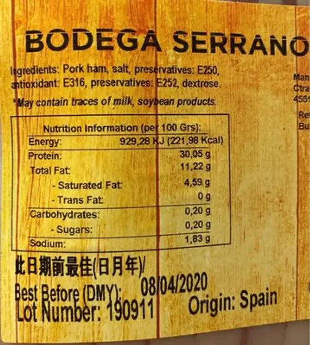 Bodega Serrano Ham nutrition facts table