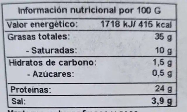 Salchichón ibérico nutrition facts table