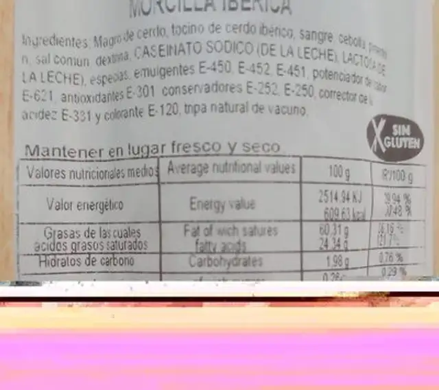 Morcilla Ibérica Recta nutrition facts table