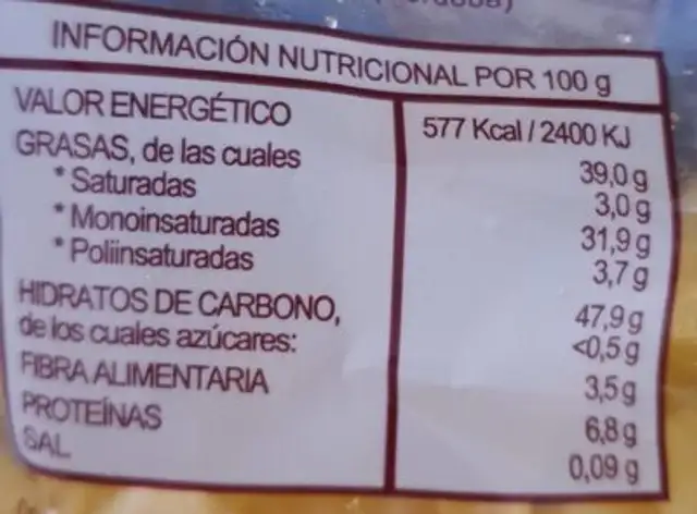 Patatas fritas artesanas nutrition facts table