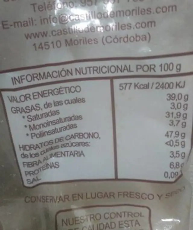 Patatas nutrition facts table