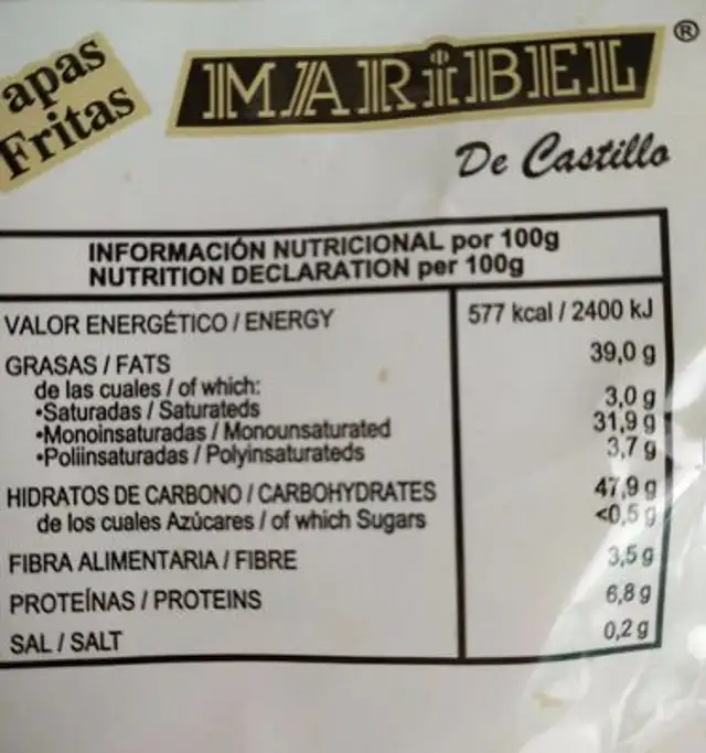 Patatas Fritas Maribel nutrition facts table