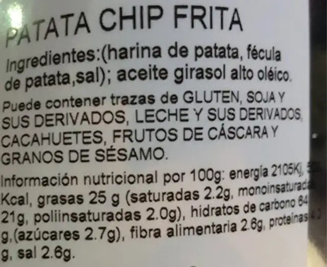 Aperitivos nutrition facts table