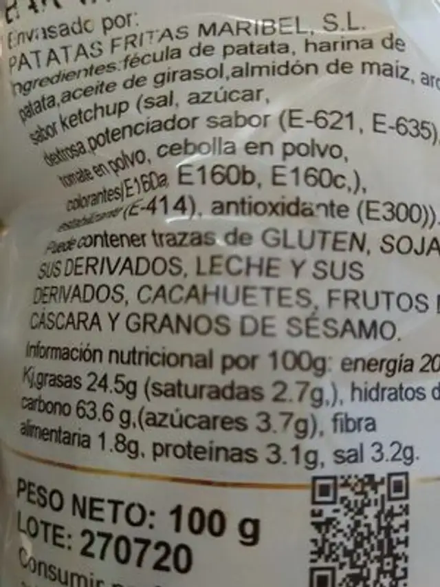 Baritas de ketchup nutrition facts table