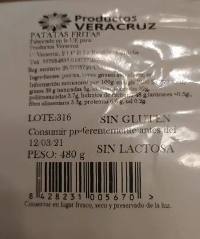 PATATAS FRITAS nutrition facts table