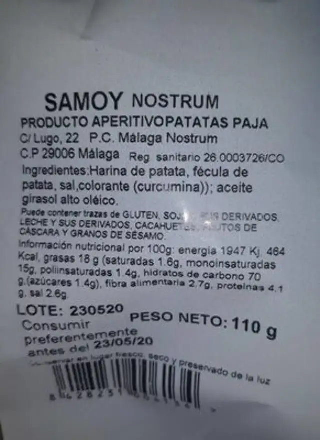 Patatas paja nutrition facts table