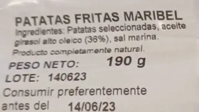 Patatas fritas ingredients label