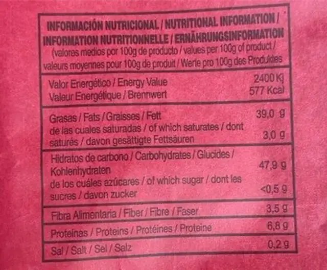 Patatas fritas Ariza nutrition facts table
