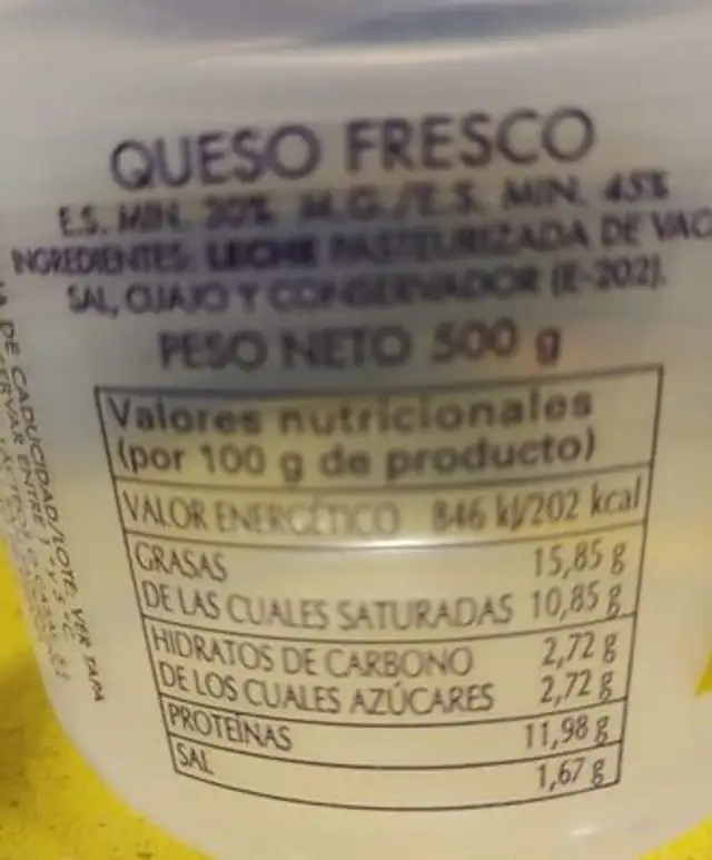 Queso fresco nutrition facts table