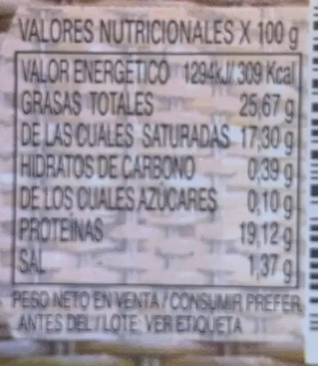 Queso tetilla nutrition facts table