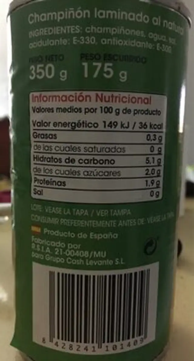 Champiñón en rodajas al natural nutrition facts table