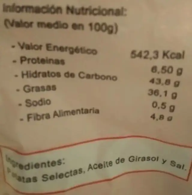 Parada fritas peña gallo nutrition facts table