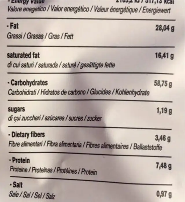 Patatine nutrition facts table