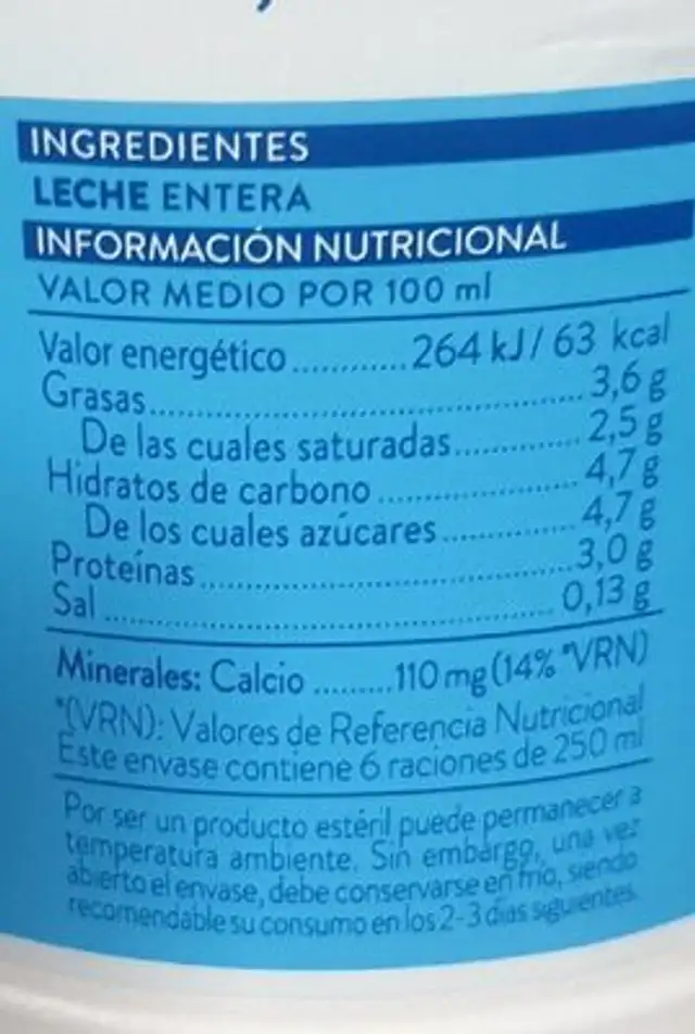 Leche entera nutrition facts table