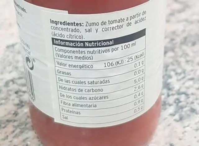 Zumo tomate nutrition facts table