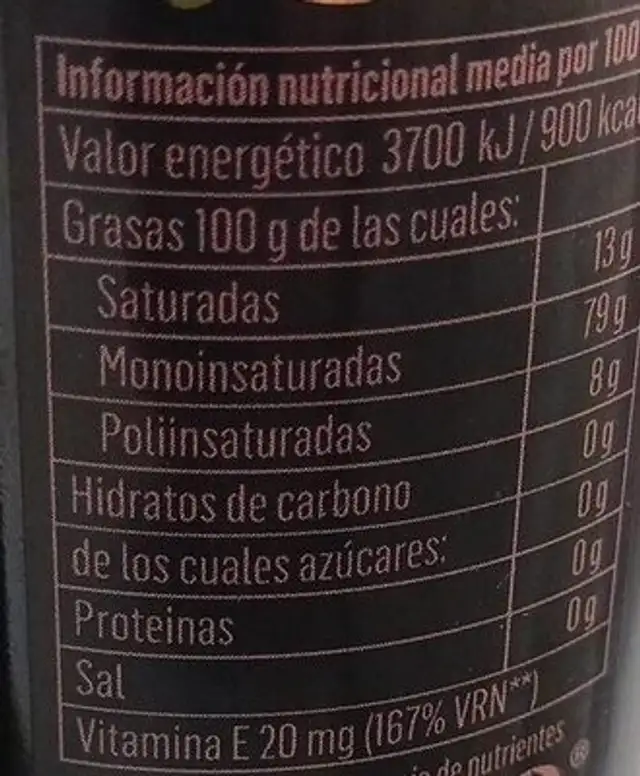Finca terral Aceite de Oliva Virgen Extra nutrition facts table