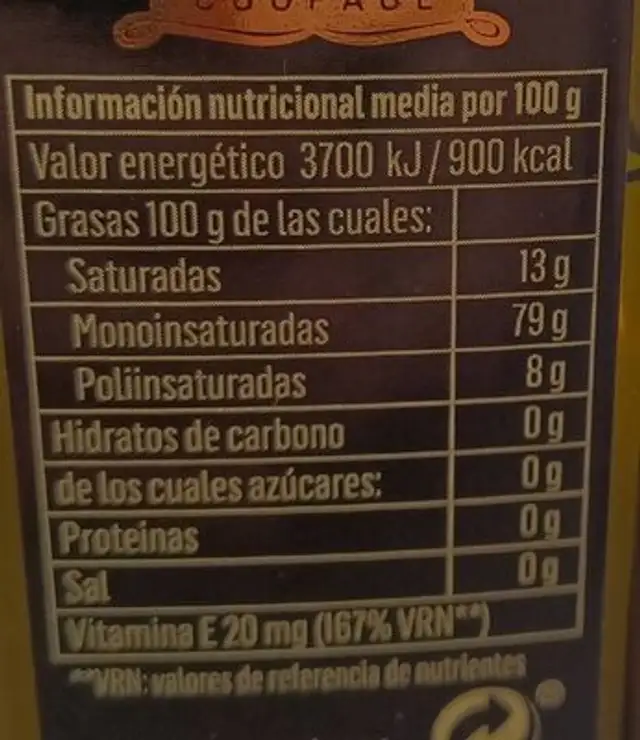 Aceite de oliva Virgen Extra nutrition facts table