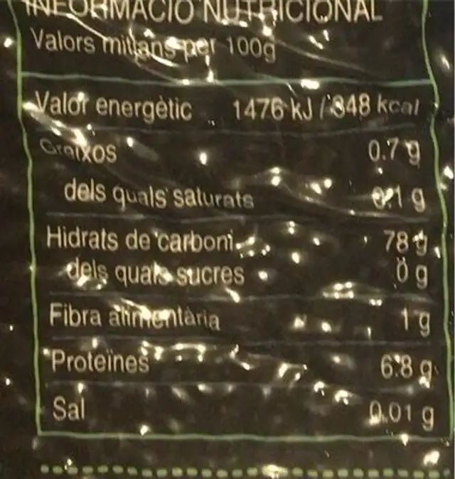 Arròs Bahia Perlat nutrition facts table