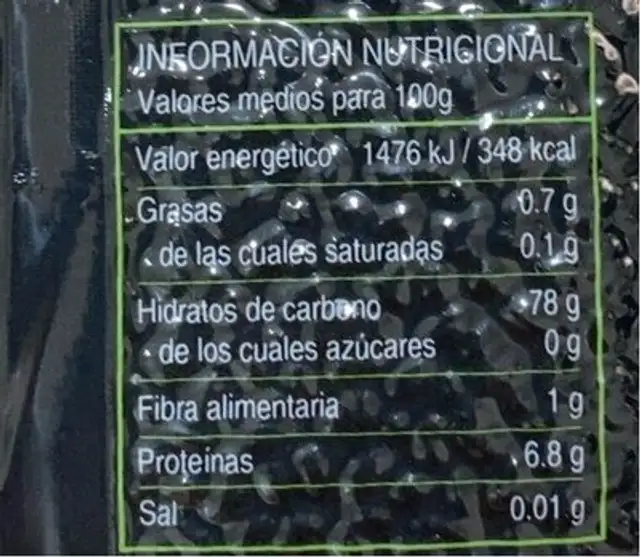 Arroz nutrition facts table