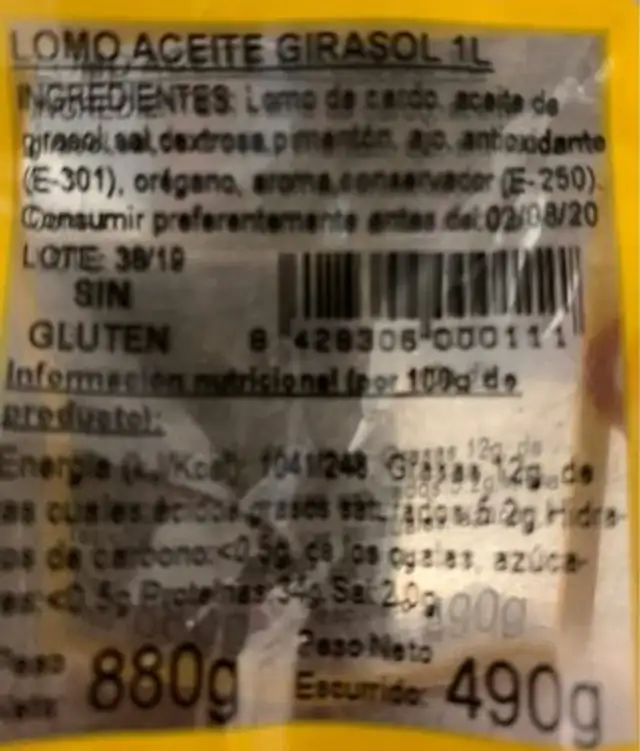 Lomo aceite girasol nutrition facts table