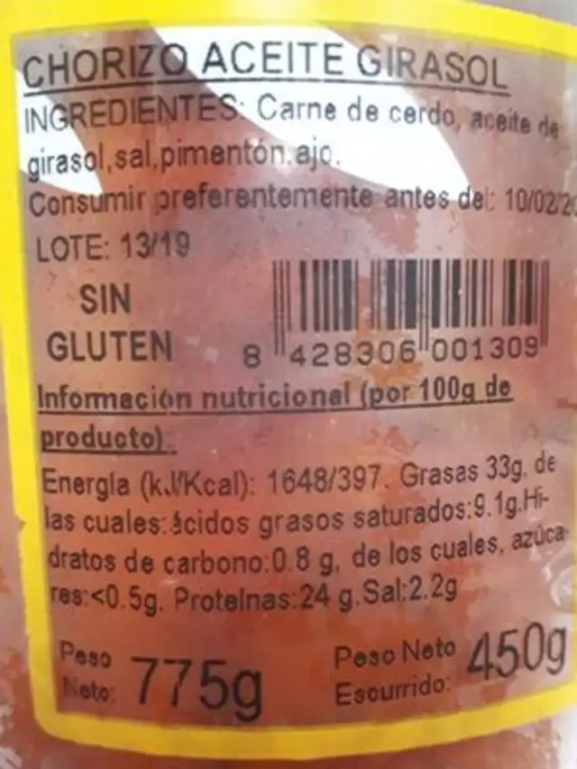 Chorizo en aceite de girasol nutrition facts table